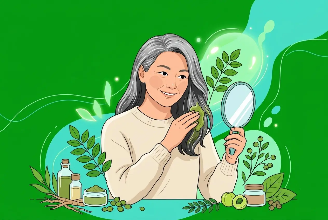 Phụ nữ trung niên chăm sóc tóc với sản phẩm tự nhiên